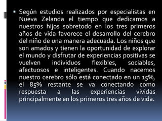 Según estudios realizados por especialistas en Nueva Zelanda el tiempo que dedicamos a nuestros hijos sobretodo en los tres primeros años de vida favorece el desarrollo del cerebro del niño de una manera adecuada. Los niños que son amados y tienen la oportunidad de explorar el mundo y disfrutar de experiencias positivas se vuelven individuos flexibles, sociables, afectuosos e inteligentes. Cuando nacemos nuestro cerebro sólo está conectado en un 15%, el 85% restante se va conectando como respuesta a las experiencias vividas principalmente en los primeros tres años de vida.