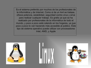 Es el sistema preferido por muchos de los profesionales de la informática y de Internet. Como si de un 4x4 se tratase, ofrece potencia, estabilidad, seguridad contra virus y sirve para realizar cualquier trabajo. Es gratis ya que se ha realizado por profesionales de la informática de todo el mundo, y poco a poco está calando en los hogares, ya que poco a poco lo van haciendo más accesible al público. Éste tipo de sistema operativo puede utilizar con procesadores Intel, AMD, y Apple Linux 
