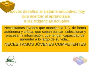 Nuevos desafíos al sistema educativo: hay que acercar el aprendizaje  a las exigencias actuales Necesitamos jóvenes que manejen la TIC  de forma autónoma y crítica, que sepan buscar, seleccionar y procesar la información, que tengan capacidad de aprender a lo largo de su vida… NECESITAMOS JÓVENES COMPETENTES 