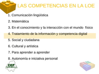 1. Comunicación lingüística 2. Matemática  3. En el conocimiento y la interacción con el mundo  físico 4. Tratamiento de la información y competencia digital  5. Social y ciudadana 6. Cultural y artística 7. Para aprender a aprender 8. Autonomía e iniciativa personal LAS COMPETENCIAS EN LA LOE 