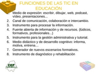 FUNCIONES DE LAS TIC EN EDUCACIÓN Medio de expresión: escribir, dibujar, web, podcast, vídeo, presentaciones... Canal de comunicación, colaboración e intercambio. Instrumento para procesar la información. Fuente abierta de información y de recursos. (lúdicos, formativos, profesionales...) Instrumento para la gestión administrativa y tutorial. Medio didáctico y de desarrollo cognitivo: informa, motiva, entrena… Generador de nuevos escenarios formativos. Instrumento de diagnóstico y rehabilitación 