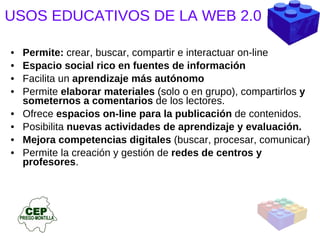 USOS EDUCATIVOS DE LA WEB 2.0 Permite:  crear, buscar, compartir e interactuar on-line Espacio social rico en fuentes de información Facilita un  aprendizaje más autónomo Permite  elaborar materiales  (solo o en grupo), compartirlos  y someternos a comentarios  de los lectores.  Ofrece  espacios on-line para la publicación  de contenidos. Posibilita  nuevas actividades de aprendizaje y evaluación. Mejora competencias digitales  (buscar, procesar, comunicar) Permite la creación y gestión de  redes de centros y profesores . 