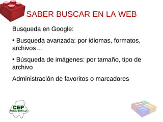 SABER BUSCAR EN LA WEB Busqueda en Google: Busqueda avanzada: por idiomas, formatos, archivos… Búsqueda de imágenes: por tamaño, tipo de archivo Administración de favoritos o marcadores 