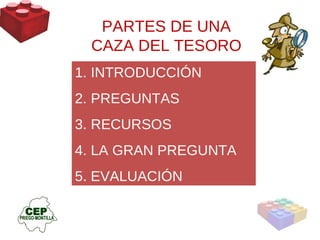 PARTES DE UNA  CAZA DEL TESORO  INTRODUCCIÓN PREGUNTAS RECURSOS LA GRAN PREGUNTA 5. EVALUACIÓN 