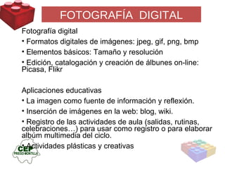 FOTOGRAFÍA  DIGITAL Fotografía digital Formatos digitales de imágenes: jpeg, gif, png, bmp Elementos básicos: Tamaño y resolución Edición, catalogación y creación de álbunes on-line: Picasa, Flikr Aplicaciones educativas La imagen como fuente de información y reflexión. Inserción de imágenes en la web: blog, wiki. Registro de las actividades de aula (salidas, rutinas,  celebraciones…) para usar como registro o para elaborar albúm multimedia del ciclo.  Actividades plásticas y creativas 