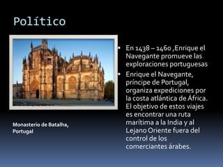 Político En 1438 – 1460 ,Enrique el Navegante promueve las exploraciones portuguesasEnrique el Navegante, príncipe de Portugal, organiza expediciones por la costa atlántica de África. El objetivo de estos viajes es encontrar una ruta marítima a la India y al Lejano Oriente fuera del control de los comerciantes árabes.Monasterio de Batalha, Portugal