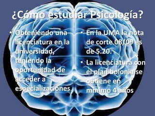 ¿Cómo estudiar Psicología?Obteniendo una licenciatura en la universidad, teniendo la oportunidad de acceder a especializaciones.En la UMA la nota de corte 08/09 es de 5.20.La licenciatura con el plan bolonia se obtiene en mínimo 4 años