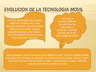 EVOLUCION DE LA TECNOLOGIA MOVILCuando aparecieron los primero teléfonos móviles eran  unos aparatos enormes  que solo podían llevarse en el coche  porque pesaban bastante, eran caros y solo funcionaban en unas zonas muy concretas  del país.  hoy son ya muchos millones  de personas de toda clase y condición  que han pasado por el aro de la telefonía móvil esta expansión que se ha hecho de la telefonía móvil  ha sido posible gracias a la conjunción de algunos factores  la mejora en la tecnología  de los móviles  trajo una reducción en su tamaño y peso  y sobre todo en precio. Además nuevas costumbres y estilos de vida