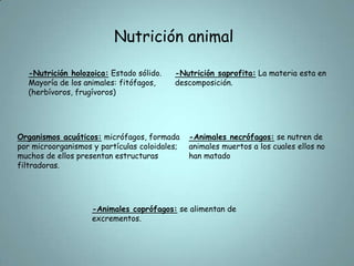 Nutrición animal-Nutrición holozoica: Estado sólido. Mayoría de los animales: fitófagos, (herbívoros, frugívoros)-Nutrición saprofita: La materia esta en descomposición.Organismos acuáticos: micrófagos, formada por microorganismos y partículas coloidales; muchos de ellos presentan estructuras filtradoras.-Animales necrófagos: se nutren de animales muertos a los cuales ellos no han matado-Animales coprófagos: se alimentan de excrementos.