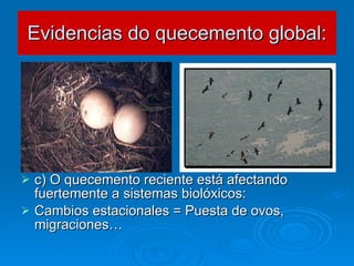 Evidencias do quecemento global: c) O quecemento reciente está afectando fuertemente a sistemas biolóxicos: Cambios estacionales = Puesta de ovos, migraciones… 