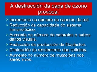 A destrucción da capa de ozono provoca: Incremento no número de cancros de pel. Reducción da capacidade do sistema inmunolóxico. Aumento no número de cataratas e outros danos visuais. Reducción da producción de fitoplacton. Diminución do rendemento das colleitas. Aumento no número de mutacións nos seres vivos. 