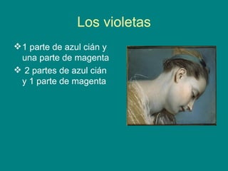 Los violetas 1 parte de azul cián y una parte de magenta 2 partes de azul cián y 1 parte de magenta
