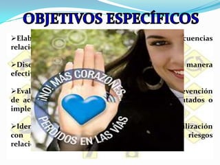 OBJETIVOS ESPECÍFICOSElaborar un diagnostico de las causas y consecuencias relacionadas con los accidentes de tránsito. 