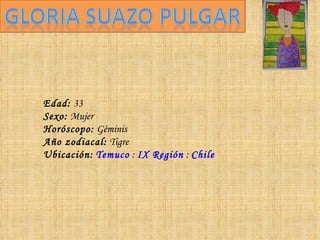 Edad:  33  Sexo:  Mujer  Horóscopo:  Géminis  Año zodiacal:  Tigre  Ubicación:   Temuco  :  IX Región  :  Chile   