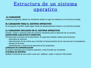 Estructura de un sistema operativo A) CARGADOR Cualquier programa, deberá ser transferido desde su lugar de residencia a la memoria principal. B) CARGADOR PARA EL SISTEMA OPERATIVO Se encarga de transferir desde algún medio de almacenamiento externo a la memoria principal.  C) CARGADOR INCLUIDO EN EL SISTEMA OPERATIVO Función: cargar a memoria todos los archivos necesarios para la ejecución de un proceso. SUPERVISOR (EJECUTIVO O MONITOR) Controla todo el proceso de la información. El supervisor también realiza otras funciones: - Administra la memoria. - Administración de las rutinas que controlan el funcionamiento de los recursos de la computadora. - Manejo de Archivos - Administración y control de la ejecución de los programas. LENGUAJE DE COMUNICACION El usuario interactúa con el sistema operativo y esta formado por comandos. UTILERIA DE SISTEMA Realizan funciones de uso común como son: clasificar, copiar e imprimir información. 