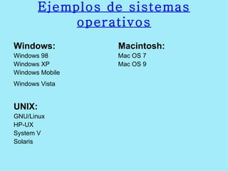 Ejemplos de sistemas operativos Windows: Windows 98  Windows XP  Windows Mobile  Windows Vista   UNIX: GNU/Linux  HP-UX  System V  Solaris  Macintosh: Mac OS 7  Mac OS 9 