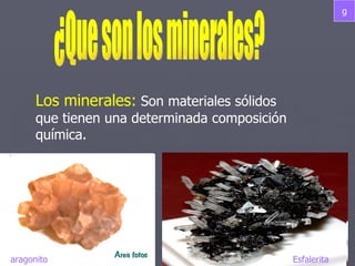 ¿Que son los minerales? Los minerales:  Son materiales sólidos que tienen una determinada composición química. aragonito Esfalerita   g 