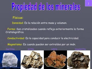 Propiedad de los minerales Físicas: -  Densidad:  Es la relación entre masa y volumen. -  Forma:  Son cristalizados cuando refleja exteriormente la forma Cristalográfica. -  Conductividad:  Es la capacidad para conducir la electricidad. -  Magnetismo:  Es cuando pueden ser extraídos por un imán . baritina pirita cobre magnetita j 