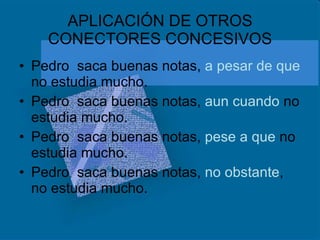 APLICACIÓN DE OTROS CONECTORES CONCESIVOS Pedro  saca buenas notas,  a pesar de que  no estudia mucho. Pedro  saca buenas notas,  aun cuando  no estudia mucho. Pedro  saca buenas notas,  pese a que  no estudia mucho. Pedro  saca buenas notas,  no obstante , no estudia mucho. 
