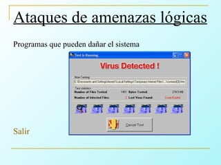 Ataques de amenazas lógicas Programas que pueden dañar el sistema Salir       Alerta de virus, por el antivirus AVG 