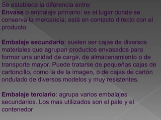 Se establece la diferencia entre:Envase o embalaje primario: es el lugar donde se conserva la mercancía; está en contacto directo con el producto.Embalaje secundario: suelen ser cajas de diversos materiales que agrupan productos envasados para formar una unidad de carga, de almacenamiento o de transporte mayor. Puede tratarse de pequeñas cajas de cartoncillo, como la de la imagen, o de cajas de cartón ondulado de diversos modelos y muy resistentes.Embalaje terciario: agrupa varios embalajes secundarios. Los mas utilizados son el pale y el contenedor