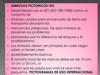 SIMBOLOS PICTORICOS ISODesarrollados por la ISO (ISO 780:1983) como un conjunto desímbolos usados para el marcado de ítems por transportar (excepto lasmercancías peligrosas). De esta manera se resuelven los problemasplanteados por la diferencia de lenguas y el analfabetismo.Los símbolos deben ser pintados en color negro sobre un fondo claro(preferiblemente blanco).El tamaño total de las marcas debe ser de 10 cm., 15 cm. o 20 cm., amenos que las piezas por marcar sean mas pequeñas. PICTOGRAMAS DE USO INTERNACIONAL