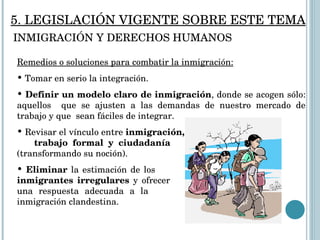 Remedios o soluciones para combatir la inmigración: Tomar en serio la integración.  Definir un modelo claro de inmigración , donde se acogen sólo: aquellos  que se ajusten a las demandas de nuestro mercado de trabajo y que  sean fáciles de integrar. Revisar el vínculo entre  inmigración,    trabajo formal y ciudadanía     (transformando su noción). Eliminar  la estimación de los    inmigrantes irregulares  y ofrecer    una respuesta adecuada a la    inmigración clandestina.  5. LEGISLACIÓN VIGENTE SOBRE ESTE TEMA INMIGRACIÓN Y DERECHOS HUMANOS 