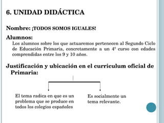6. UNIDAD DIDÁCTICA  Nombre:  ¡TODOS SOMOS IGUALES!  Alumnos:  Los alumnos sobre los que actuaremos pertenecen al Segundo Ciclo de Educación Primaria, concretamente a un 4º curso con edades comprendidas entre los 9 y 10 años. Justificación y ubicación en el curriculum oficial de Primaria: El tema radica en que es un problema que se produce en todos los colegios españoles Es socialmente un tema relevante. 