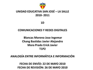 UNIDAD EDUCATIVA SAN JOSÉ – LA SALLE2010- 20111DCOMUNICACIONES Y REDES DIGITALES Blancas Moreno Jose Ingemar Chang Bastidas Javier Alejandro Mora Prado Erick JavierT1P2ANALOGÍA ENTRE INFORMÁTICA E INFORMACIÓNFECHA DE ENVÍO: 22 DE MAYO 2010FECHA DE REVISIÓN: 26 DE MAYO 2010 