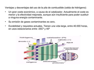 Ventajas y desventajas del uso de la pila de combustible (celda de hidrógeno): Un gran coste económico, a causa de el catalizador. Actualmente el coste es menor y la efectividad mejorada, aunque aún insuficiente para poder sustituir a ninguna energía contaminante.  Su emisión de gases contaminantes es cero,  Durabilidad y requisitos actuales. Tienen una vida larga, entre 40.000 horas, en usos estacionarios entre -35Cº y 40º 