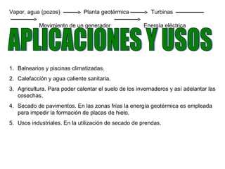 APLICACIONES Y USOS Balnearios y piscinas climatizadas. Calefacción y agua caliente sanitaria.  Agricultura. Para poder calentar el suelo de los invernaderos y así adelantar las cosechas. Secado de pavimentos. En las zonas frías la energía geotérmica es empleada para impedir la formación de placas de hielo. Usos industriales. En la utilización de secado de prendas. Vapor, agua (pozos)  Planta geotérmica  Turbinas  Movimiento de un generador  Energía eléctrica 