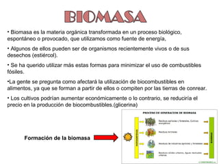 Biomasa es la materia orgánica transformada en un proceso biológico, espontáneo o provocado, que utilizamos como fuente de energía,  Algunos de ellos pueden ser de organismos recientemente vivos o de sus desechos (estiércol). Se ha querido utilizar más estas formas para minimizar el uso de combustibles fósiles. La gente se pregunta como afectará la utilización de biocombustibles en alimentos, ya que se forman a partir de ellos o compiten por las tierras de conrear. Los cultivos podrían aumentar económicamente o lo contrario, se reduciría el precio en la producción de biocombustibles.(glicerina) Formación de la biomasa 