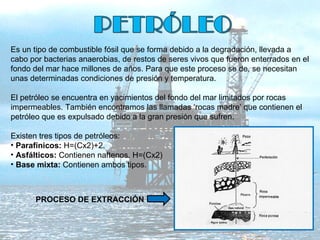 Es un tipo de combustible fósil que se forma debido a la degradación, llevada a cabo por bacterias anaerobias, de restos de seres vivos que fueron enterrados en el fondo del mar hace millones de años. Para que este proceso se de, se necesitan unas determinadas condiciones de presión y temperatura. El petróleo se encuentra en yacimientos del fondo del mar limitados por rocas impermeables. También encontramos las llamadas ‘rocas madre’ que contienen el petróleo que es expulsado debido a la gran presión que sufren.  Existen tres tipos de petróleos: Parafínicos:  H=(Cx2)+2. Asfálticos:  Contienen naftenos. H=(Cx2) Base mixta:  Contienen ambos tipos. PROCESO DE EXTRACCIÓN 