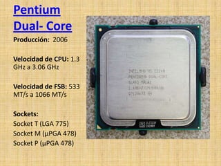 Pentium
Dual- Core
Producción: 2006

Velocidad de CPU: 1.3
GHz a 3.06 GHz

Velocidad de FSB: 533
MT/s a 1066 MT/s

Sockets:
Socket T (LGA 775)
Socket M (µPGA 478)
Socket P (µPGA 478)
 