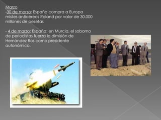 Marzo-30 de marzo: España compra a Europa misiles antiaéreos Roland por valor de 30.000 millones de pesetas- 4 de marzo: España: en Murcia, el soborno de periodistas fuerza la dimisión de Hernández Ros como presidente autonómico.