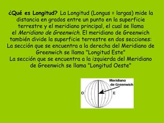 ¿Qué es Longitud?  La Longitud (Longus = largas) mide la distancia en grados entre un punto en la superficie terrestre y el meridiano principal, el cual se llama el  Meridiano de Greenwich . El meridiano de Greenwich también divide la superficie terrestre en dos secciones: La sección que se encuentra a la derecha del Meridiano de Greenwich se llama "Longitud Este" La sección que se encuentra a la izquierda del Meridiano de Greenwich se llama "Longitud Oeste" 