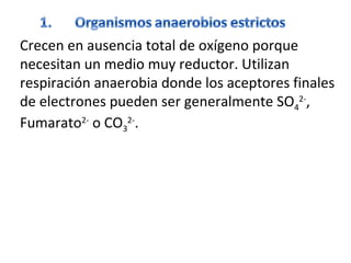 Crecen en ausencia total de oxígeno porque necesitan un medio muy reductor. Utilizan respiración anaerobia donde los aceptores finales de electrones pueden ser generalmente SO 4 2- , Fumarato 2-  o CO 3 2- . 