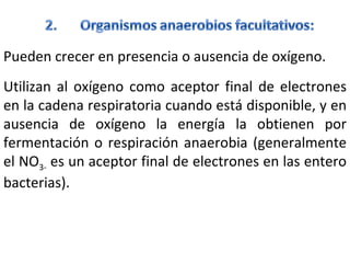 Pueden crecer en presencia o ausencia de oxígeno. Utilizan al oxígeno como aceptor final de electrones en la cadena respiratoria cuando está disponible, y en ausencia de oxígeno la energía la obtienen por fermentación o respiración anaerobia (generalmente el NO 3-  es un aceptor final de electrones en las entero bacterias).  