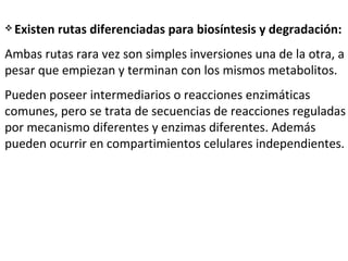 Existen rutas diferenciadas para biosíntesis y degradación: Ambas rutas rara vez son simples inversiones una de la otra, a pesar que empiezan y terminan con los mismos metabolitos.  Pueden poseer intermediarios o reacciones enzimáticas comunes, pero se trata de secuencias de reacciones reguladas por mecanismo diferentes y enzimas diferentes. Además pueden ocurrir en compartimientos celulares independientes. 