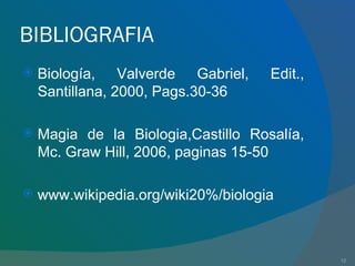 BIBLIOGRAFIA Biología, Valverde Gabriel, Edit., Santillana, 2000, Pags.30-36 Magia de la Biologia,Castillo Rosalía, Mc. Graw Hill, 2006, paginas 15-50 www.wikipedia.org/wiki20%/biologia 