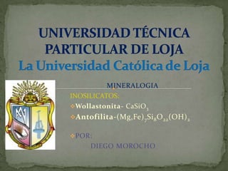  UNIVERSIDAD TÉCNICA PARTICULAR DE LOJALa Universidad Católica de Loja MINERALOGIA INOSILICATOS: ,[object Object]
