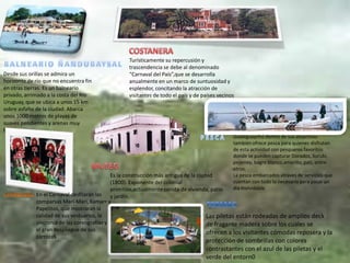 COSTANERATurísticamente su repercusión y trascendencia se debe al denominado “Carnaval del País”,que se desarrolla anualmente en un marco de suntuosidad y esplendor, concitando la atracción de visitantes de todo el país y de países vecinosBALNEARIO ÑANDUBAYSALDesde sus orillas se admira un horizonte de río que no encuentra fin en otras tierras. Es un balneario privado, arrimado a la costa del Río Uruguay, que se ubica a unos 15 km sobre asfalto de la ciudad. Abarca unos 1000 metros de playas de suaves pendientes y arenas muy blancas.Gualeguaychú dentro de sus atractivos también ofrece pesca para quienes disfrutan de esta actividad con pesqueros favoritos donde se pueden capturar Dorados, Surubi, pejerrey, bagre blanco,amarillo, pati, entre otros.La pesca embarcados atraves de servicios que cuentan con todo lo necesario para pasar un día inolvidablePESCAMUSEOEs la construcción más antigua de la ciudad (1800). Exponente del colonial primitivo,actualmente consta de vivienda, patio y jardín.En el Carnaval desfilarán las comparsas Marí-Marí, Kamarr y Papelitos, que mostrarán la calidad de sus vestuarios, la sincronía de las coreografías y el gran despliegue de sus carrozaSCARNAVALTERMASLas piletas están rodeadas de amplios deck de fragante madera sobre los cuales se ofrecen a los visitantes cómodas reposera y la protección de sombrillas con colores contrastantes con el azul de las piletas y el verde del entorn0