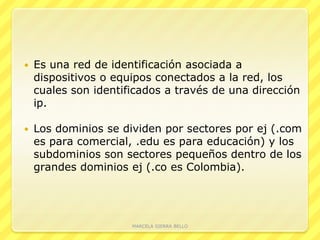 Es una red de identificación asociada a dispositivos o equipos conectados a la red, los cuales son identificados a través de una dirección ip.Los dominios se dividen por sectores por ej (.com es para comercial, .edu es para educación) y los subdominios son sectores pequeños dentro de los grandes dominios ej (.co es Colombia).MARCELA SIERRA BELLO