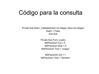Código para la consulta Private Sub Data1_Validate(Action As Integer, Save As Integer) Data1 = False End Sub Private Sub Form_Load() MSFlexGrid1.Col = 0 MSFlexGrid1.Row = 0 MSFlexGrid1.Text = ”codigo” MSFlexGrid1.Col = 1 MSFlexGrid1.Text = ”Nombre” 