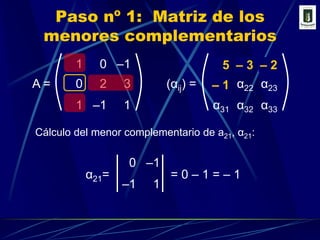 0–1= 0 – 1 = – 1 α21= –11Paso nº 1:  Matriz de los menores complementarios10–1α11α12α13– 35– 2023A =α21α22α23(αij) =– 11–11α31α32α33Cálculo del menor complementario de a21, α21: