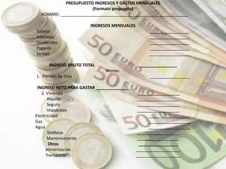 OTROS ASPECTOS A CONSIDERAREn relación con los ingresos que usted recibe hoy, debe ser muy agradecido, pues son la provisión que Dios ha separado para usted, a fin de que viva con dignidad. 