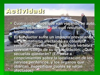 Actividad: Cuatro individuos que van viajando en auto, sufren un accidente del cual resultan lesionados. El conductor sufre un impacto provocando un traumatismo afectando su columna vertebral, precisamente la tercera vértebra cervical. Luego de su rehabilitación: ¿Qué secuelas quedarán? (En base a conocimientos sobre la localización de los nervios periféricos, y los órganos que abarcan, especifique cuáles se verán afectados) 