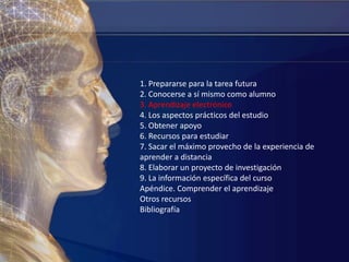 1. Prepararse para la tarea futura2. Conocerse a sí mismo como alumno3. Aprendizaje electrónico4. Los aspectos prácticos del estudio5. Obtener apoyo6. Recursos para estudiar7. Sacar el máximo provecho de la experiencia de aprender a distancia8. Elaborar un proyecto de investigación9. La información específica del cursoApéndice. Comprender el aprendizajeOtros recursosBibliografía