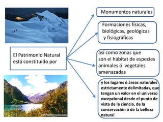 Monumentos naturalesFormaciones físicas, biológicas, geológicas y fisiográficasasí como zonas que son el hábitat de especies animales ó vegetales amenazadas El Patrimonio Natural está constituido pory los lugares ó áreas naturales estrictamente delimitadas, que tengan un valor en el universo excepcional desde el punto de vista de la ciencia, de la conservación ó de la belleza natural