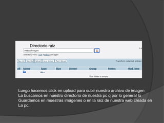 Directorio raiz




Luego hacemos click en upload para subir nuestro archivo de imagen
La buscamos en nuestro directorio de nuestra pc q por lo general lo
Guardamos en muestras imágenes o en la raiz de nuestra web creada en
La pc.
 